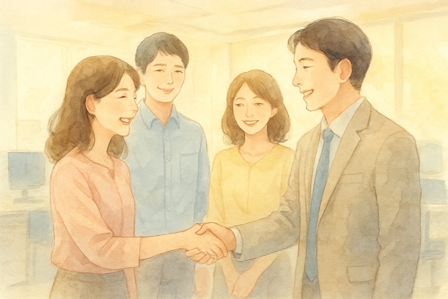 朝の職場で笑顔であいさつを交わす人たちのイメージ