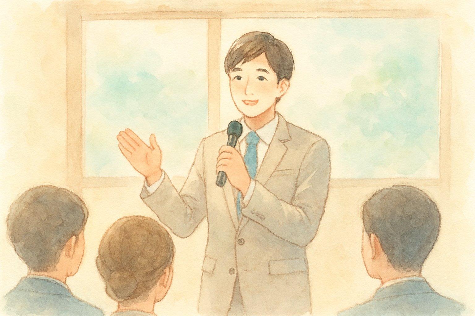 朝礼で前に立ってスピーチをしている人のイメージ