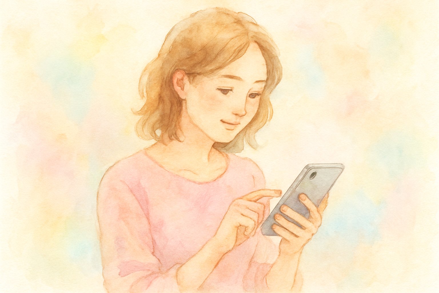 スマートフォンを手にメッセージを打とうとしている人の水彩イラスト（パステルカラー）