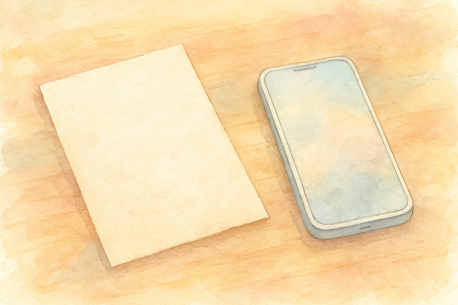 手紙とスマートフォンが机に並んで置かれている水彩イラスト（パステルカラー）