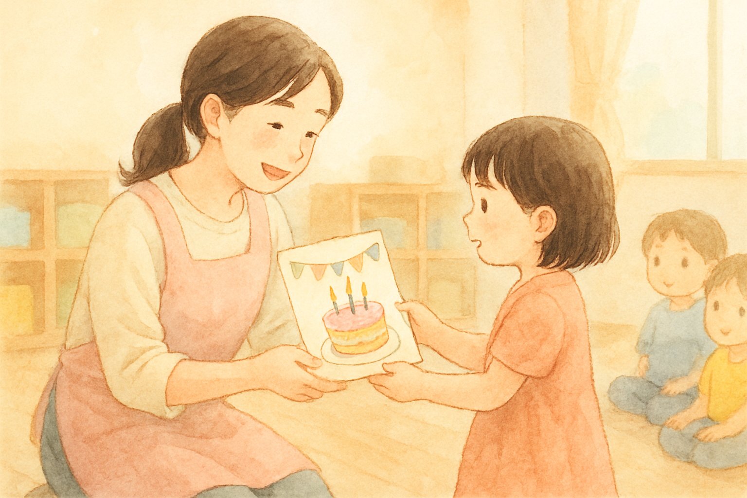 保育室で先生が園児に手作りの誕生日カードを手渡しているイメージ