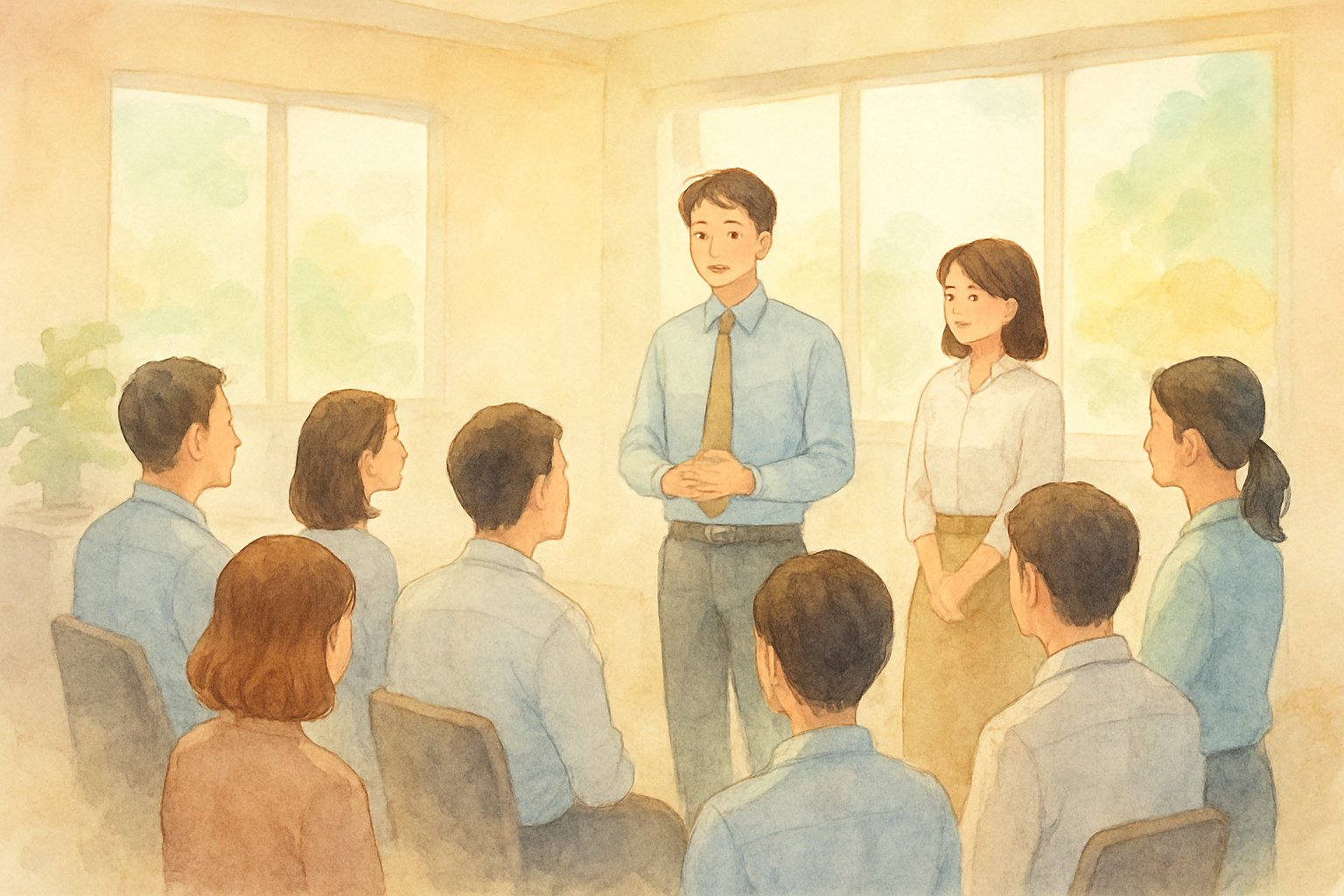 オフィスの朝礼で社員が集まっているイメージ