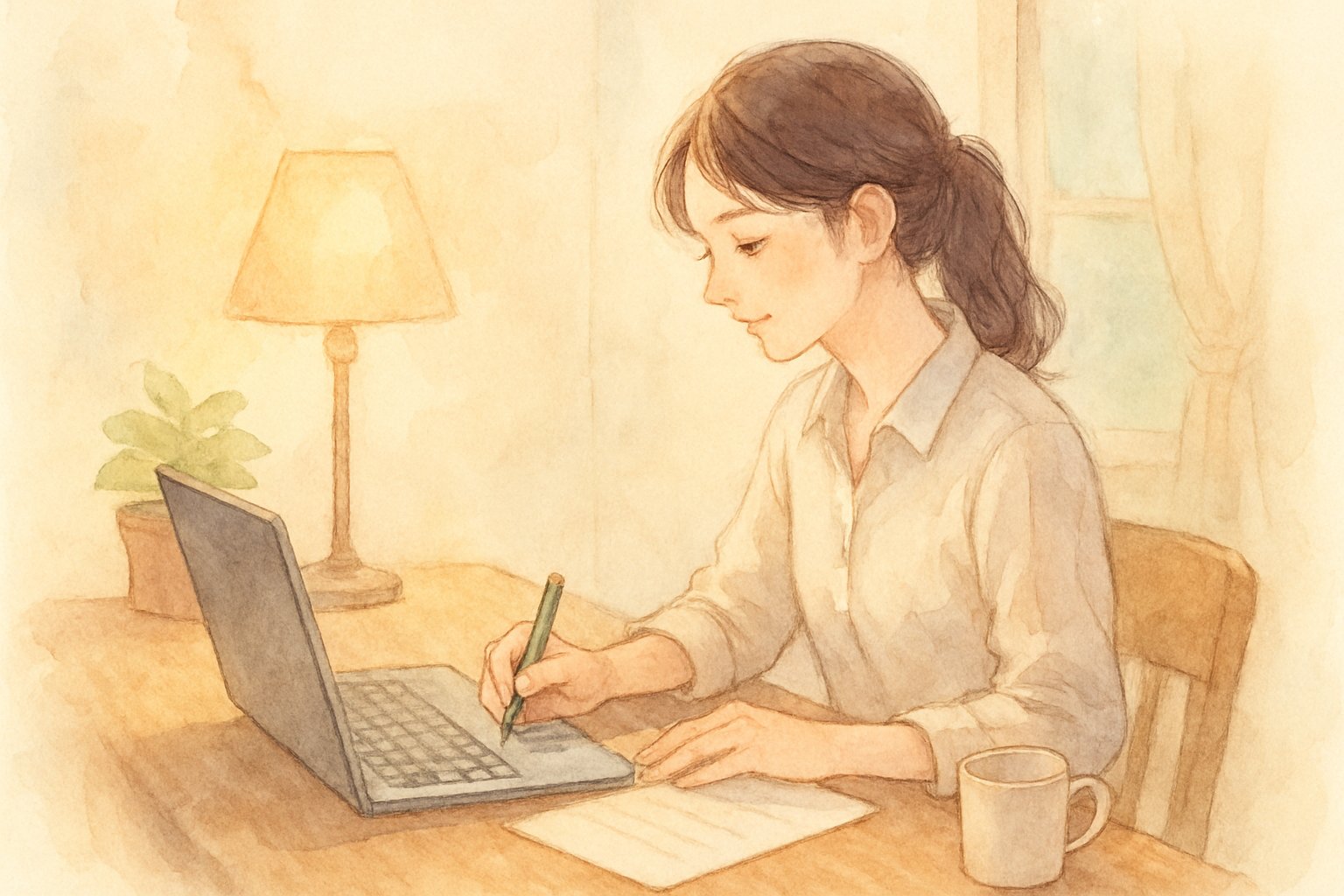 デスクで挨拶メールの文面を考えている人のイメージ