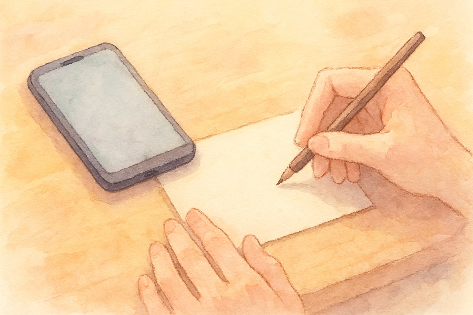 机に置かれたスマートフォンと、書きかけのメッセージカードを見つめる手元。やわらかな水彩タッチ