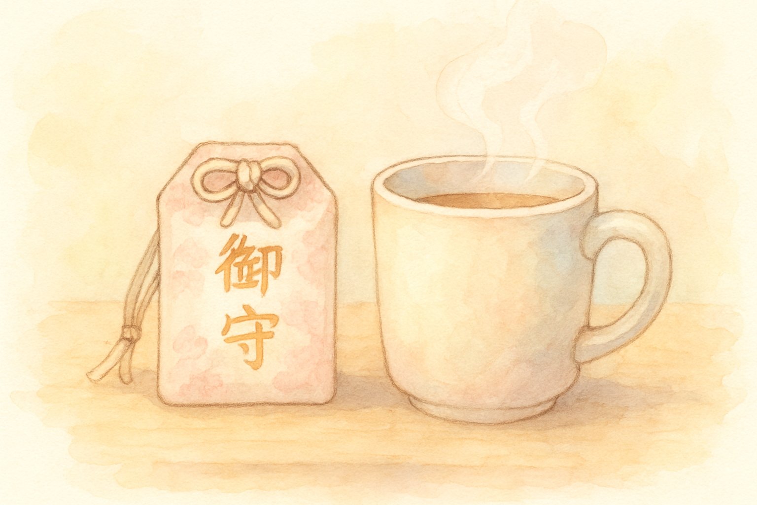 机の隅に置かれたお守りと湯気の立つマグカップ。パステル調の水彩イラスト