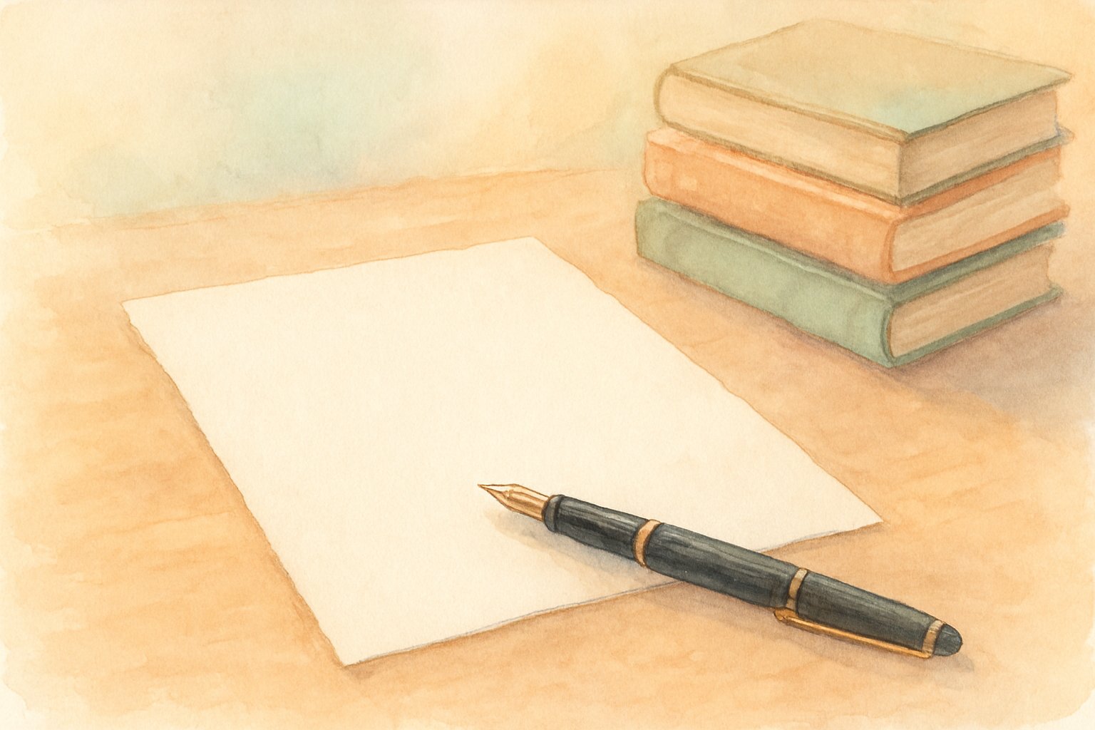 机の上に置かれた白い便箋と万年筆、そばに参考書が積まれた水彩イラスト