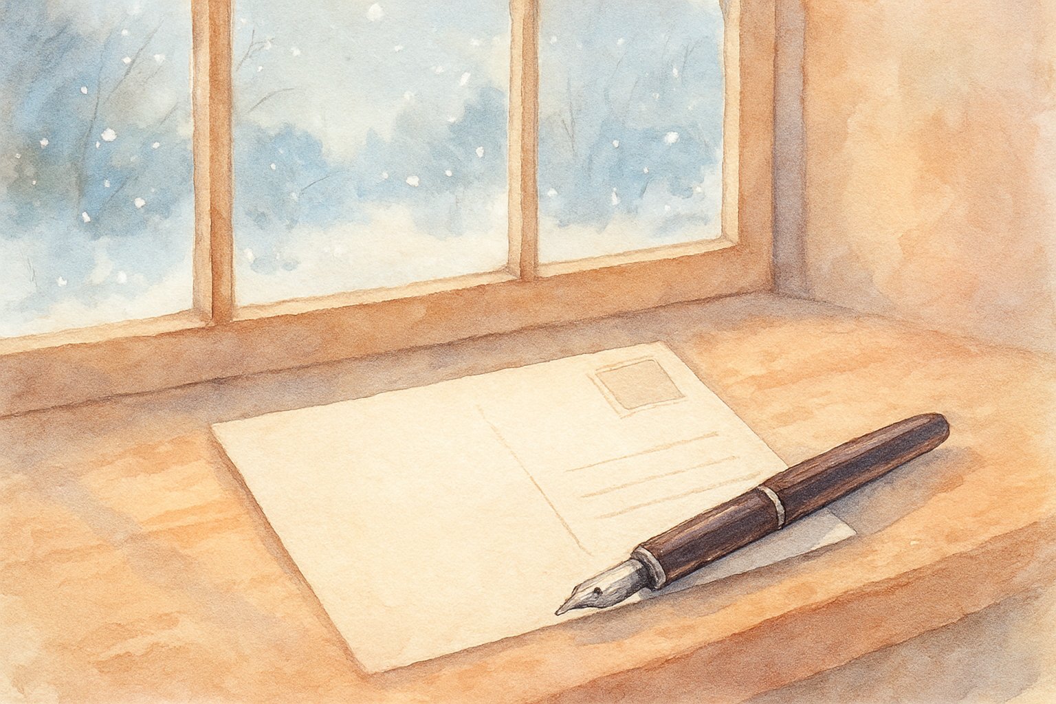冬の窓辺に置かれたはがきと万年筆の水彩イラスト