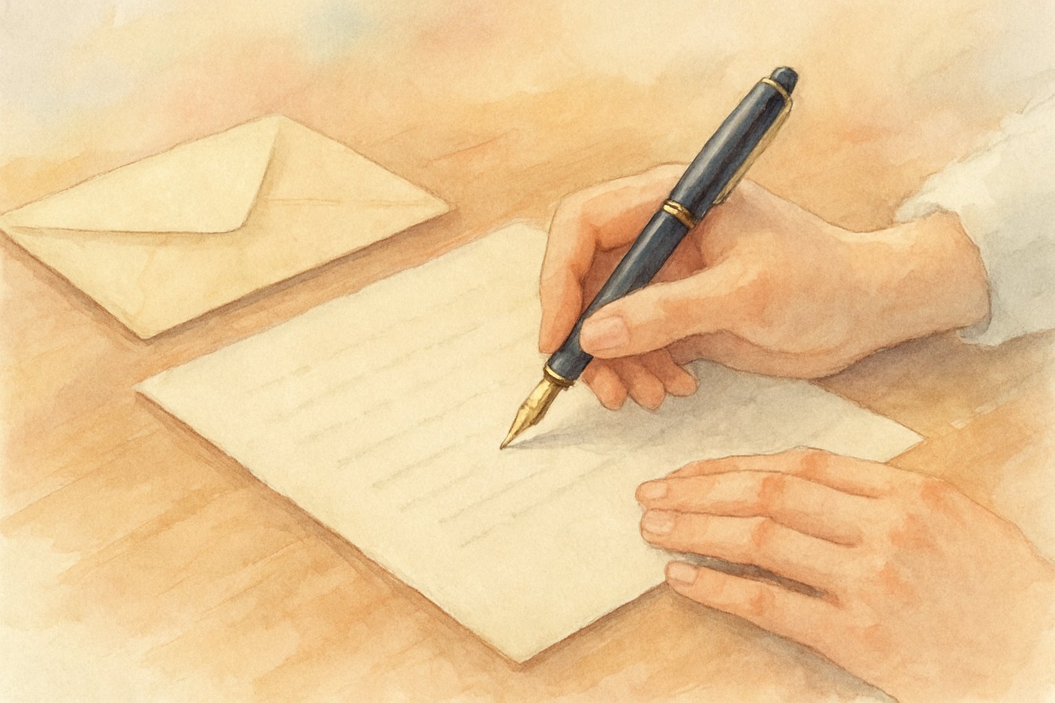 便箋と万年筆を前に手紙を書いている手元のイメージ