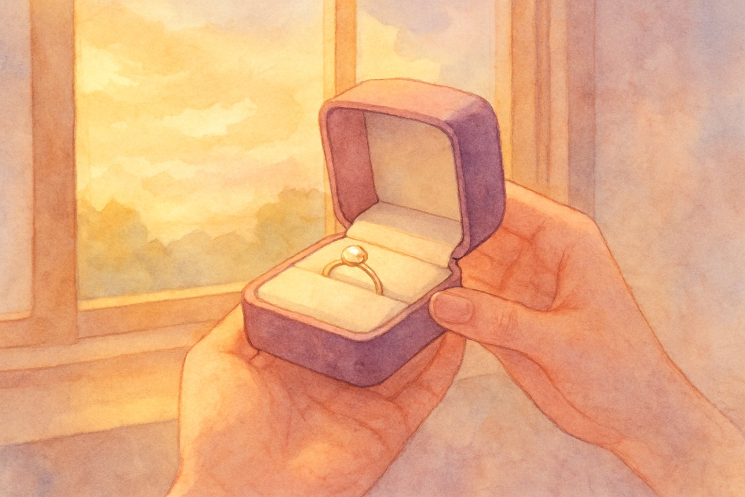 夕暮れの窓辺でリングケースを差し出す手元のイメージ