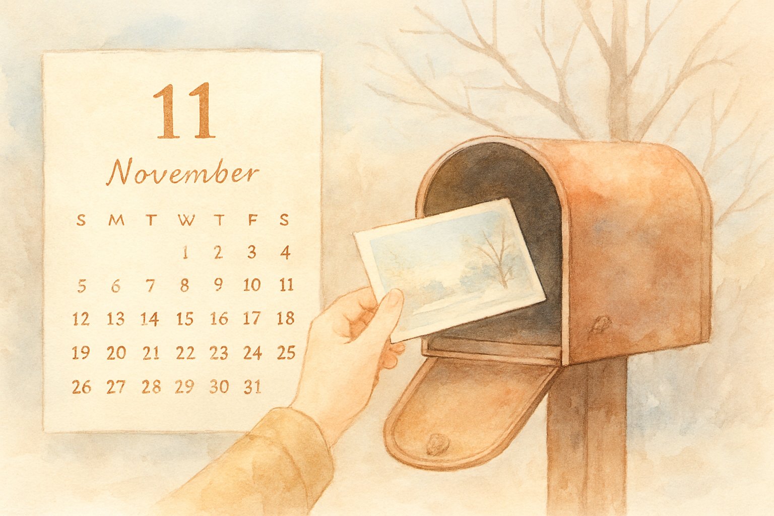 11月のカレンダーとポストに投函するはがき、静かな冬の入り口を感じさせるイメージ