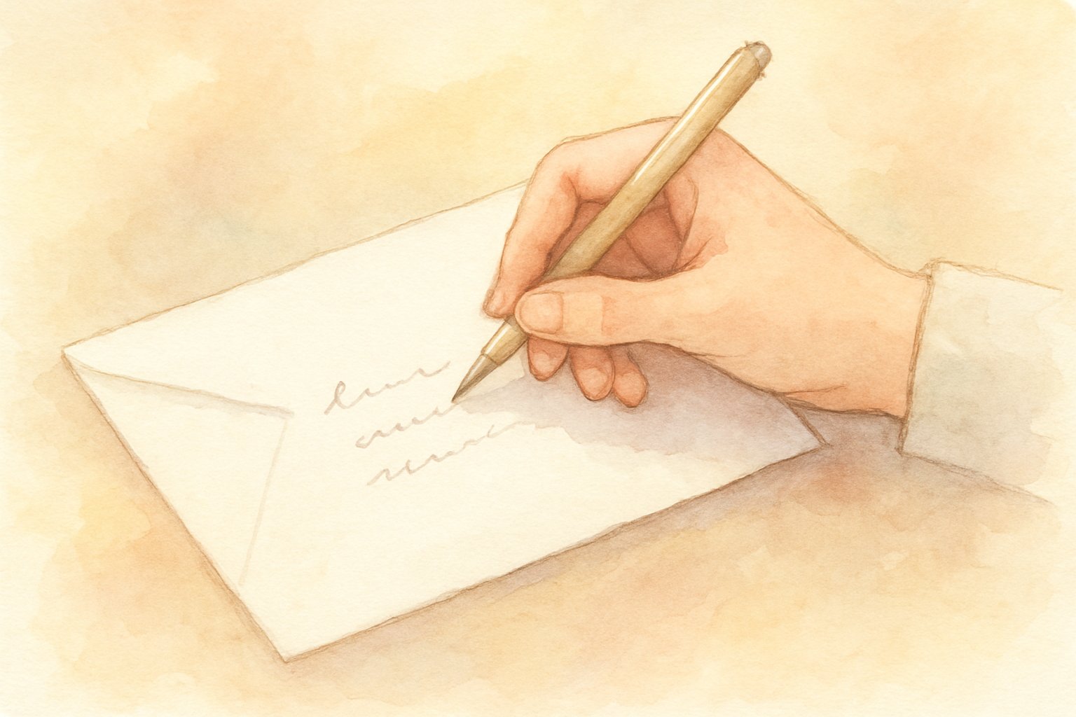 白い封筒に宛名を書いている手元のイメージ