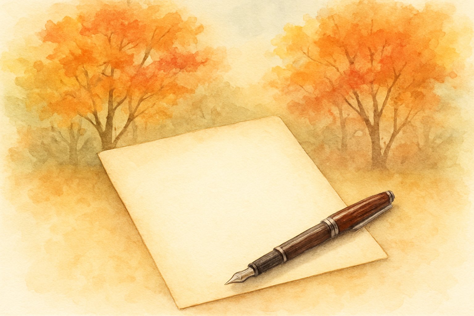 紅葉が始まった木々と便箋・万年筆を並べた、秋らしい落ち着いたイメージ