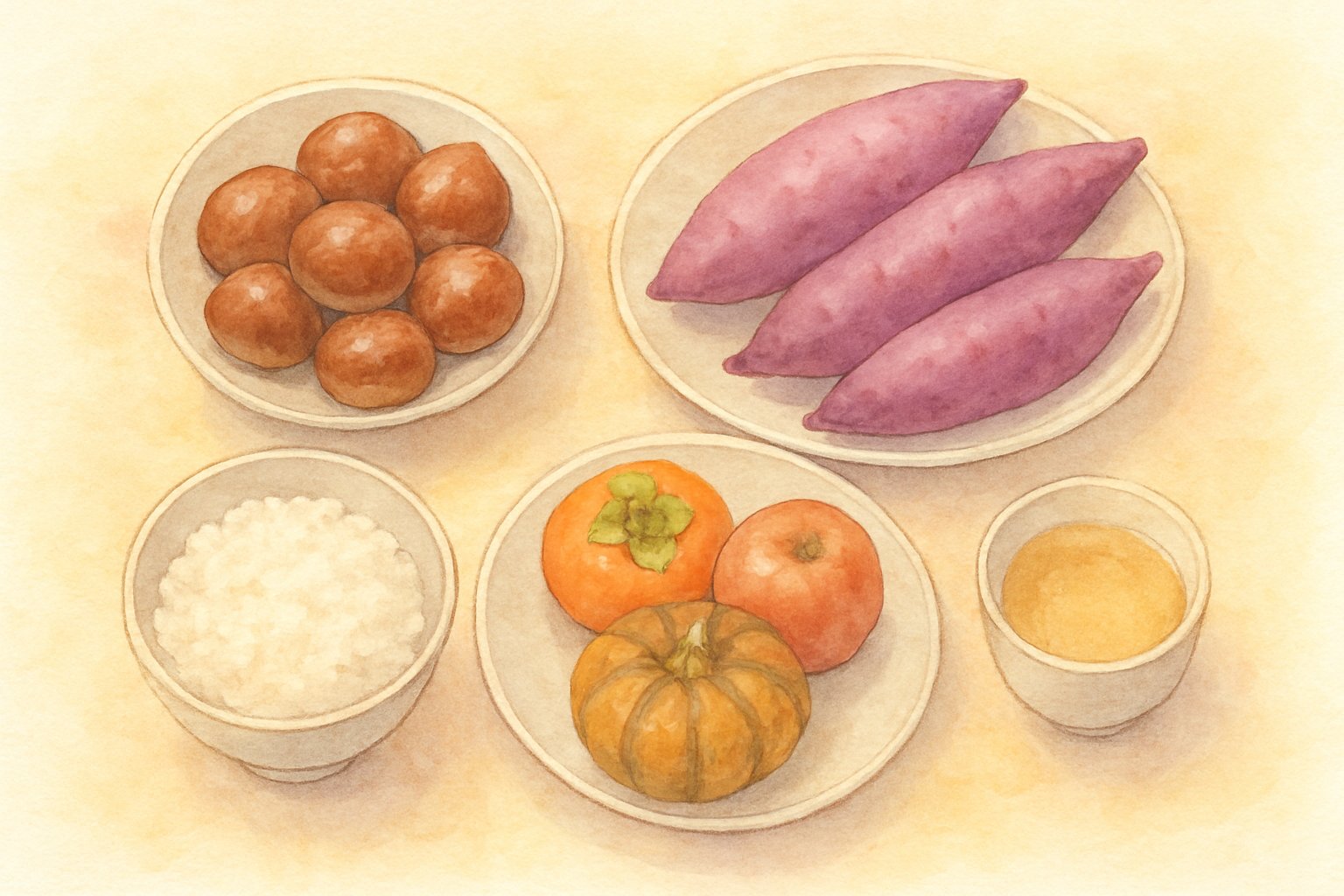 栗・さつまいも・新米など秋の味覚を並べた食卓の俯瞰イメージ