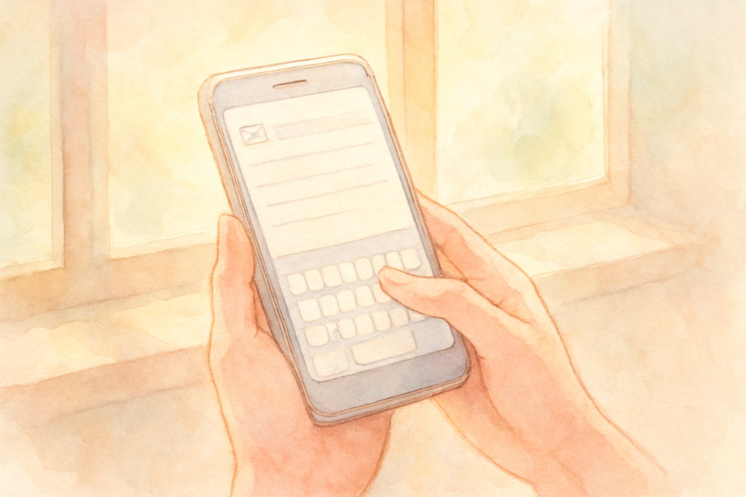 スマートフォンでメールを打つ手元と、窓辺のやわらかい光のイメージ