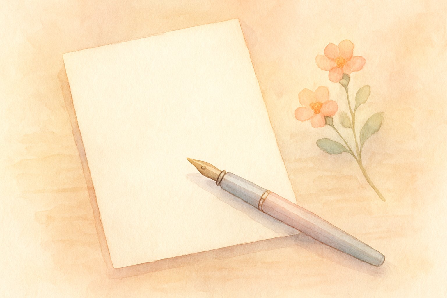 机の上に置かれた便箋とペン、そばに小さな花を添えたやわらかいイメージ