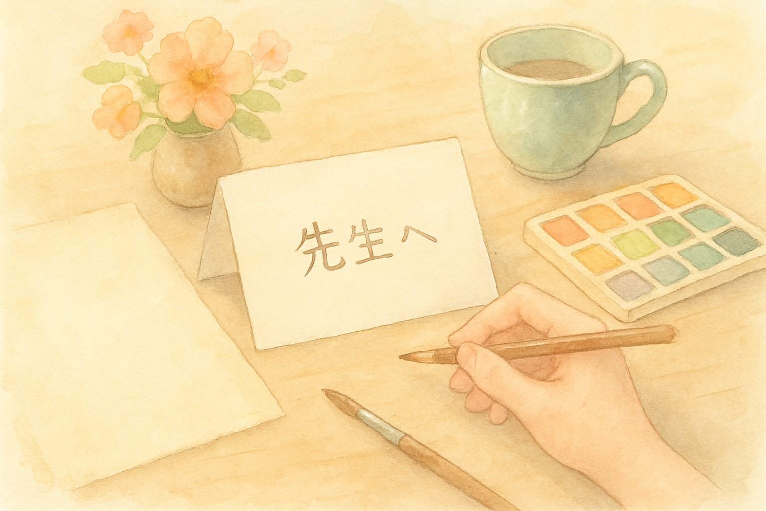 先生へのメッセージカードと色紙を書いている机の上のイメージ