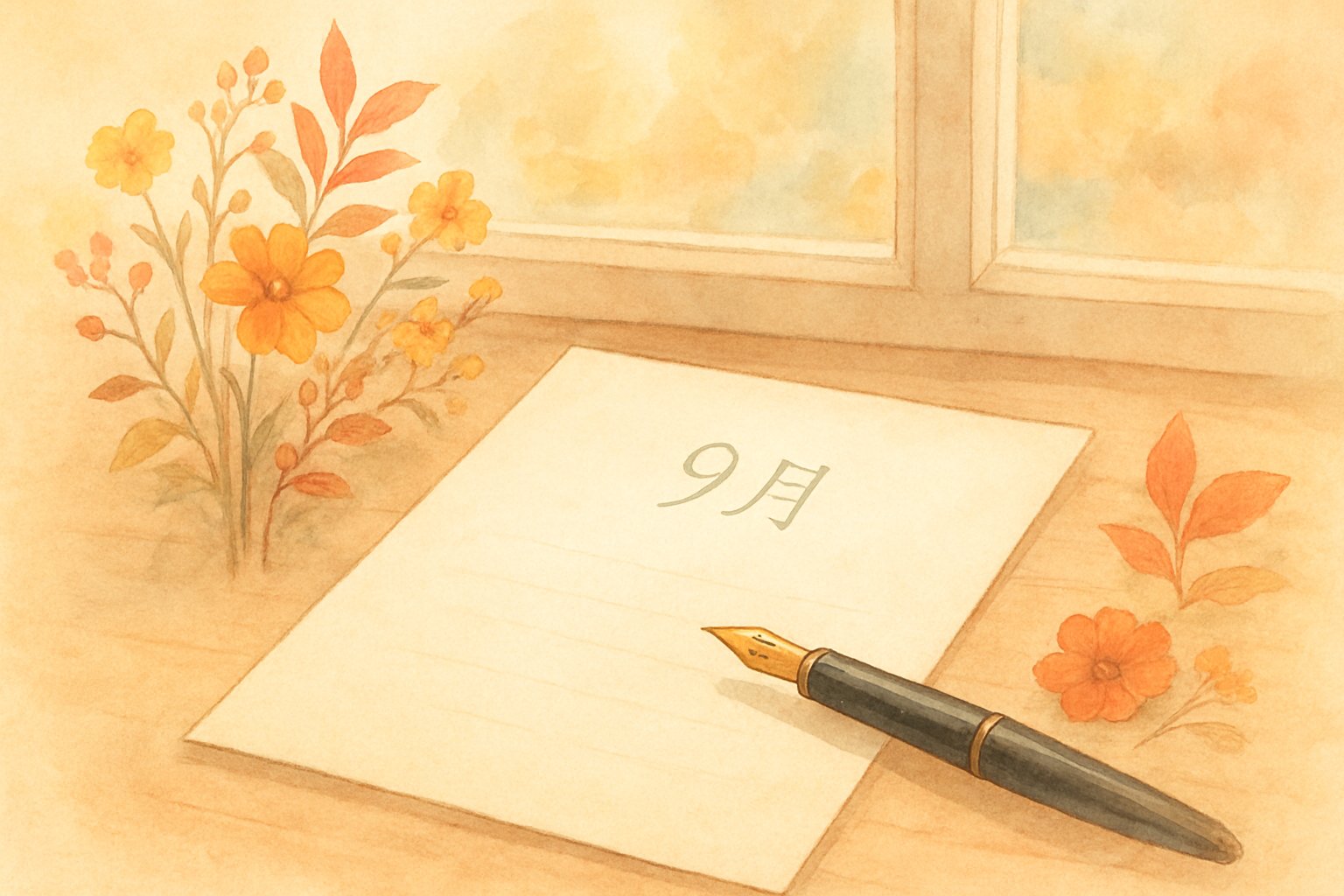 9月の便箋と万年筆、窓辺に秋の草花を添えた手紙を書く場面のイメージ