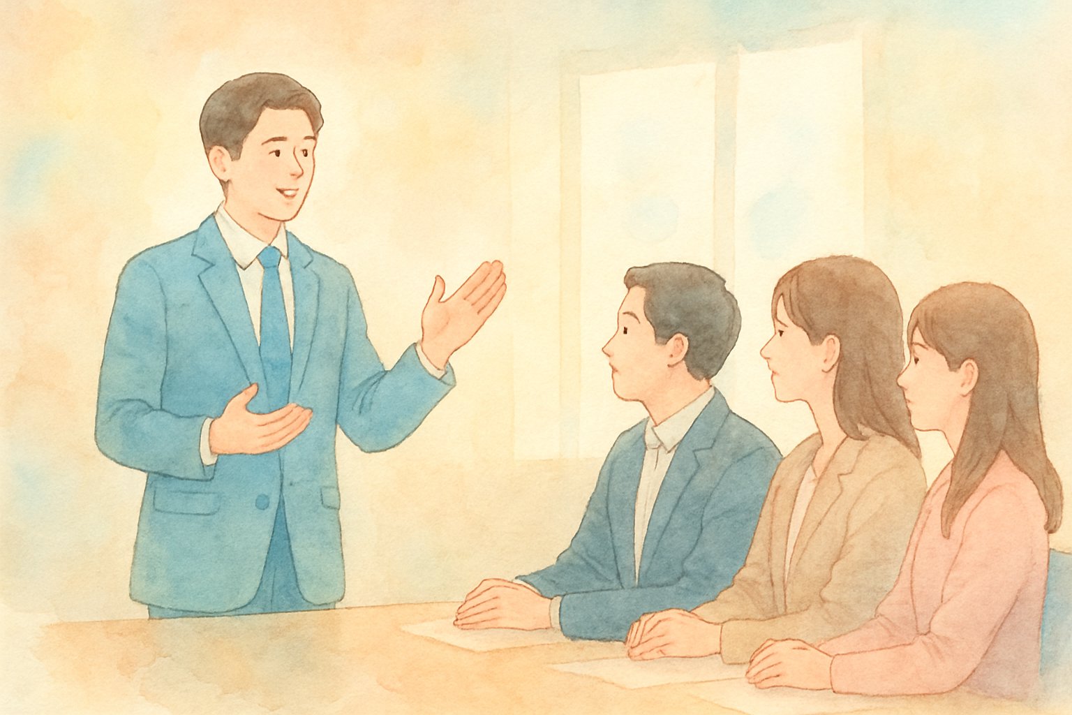 朝礼で話す人と聞く社員のイメージ（水彩イラスト風・パステルカラー）