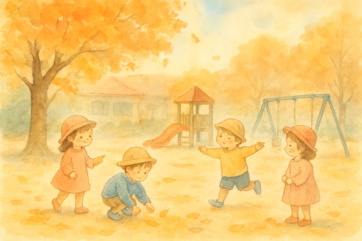 秋の気配を感じる園庭と子どもたちのイメージ