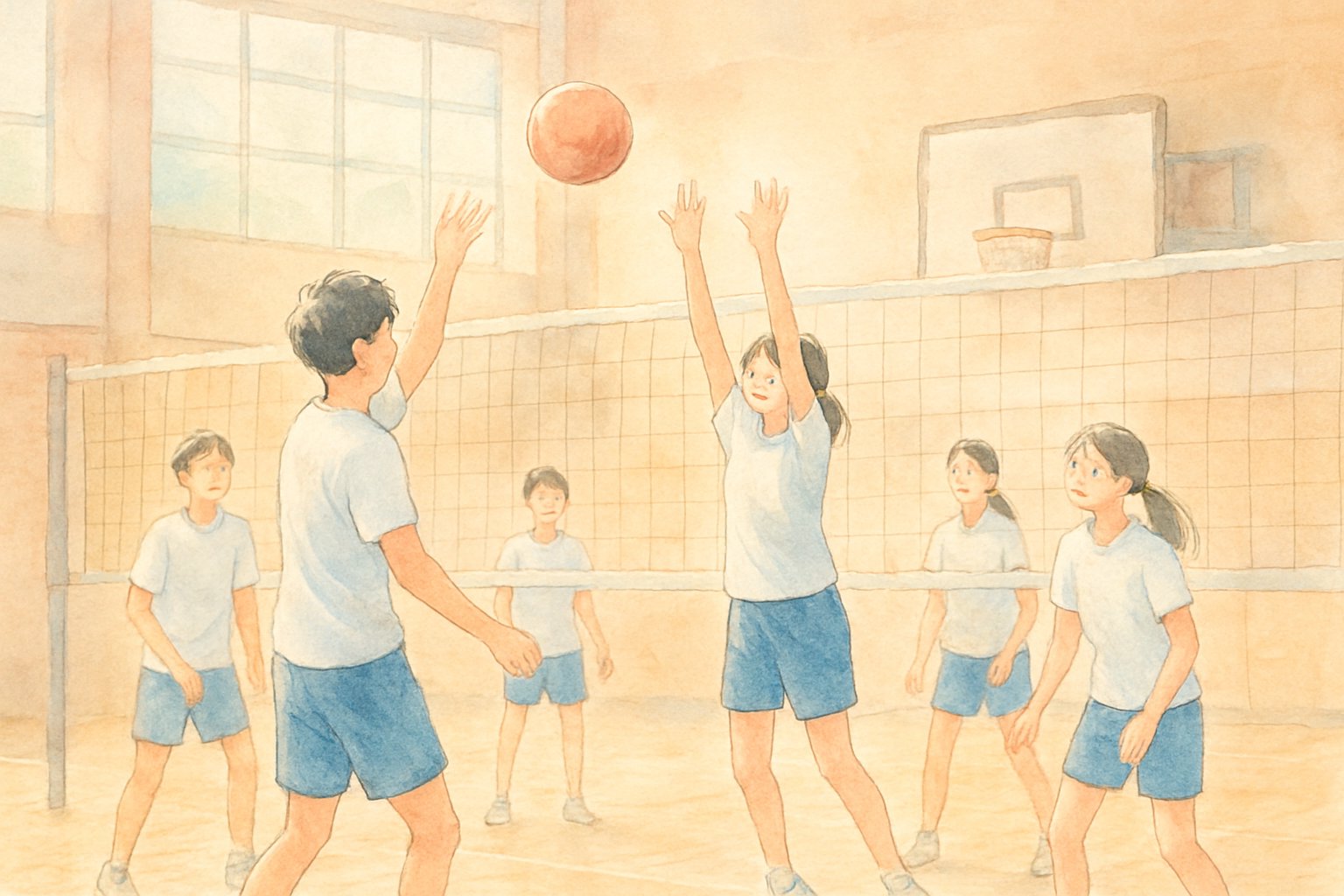 体育館で球技大会に参加する学生たちの水彩イラスト