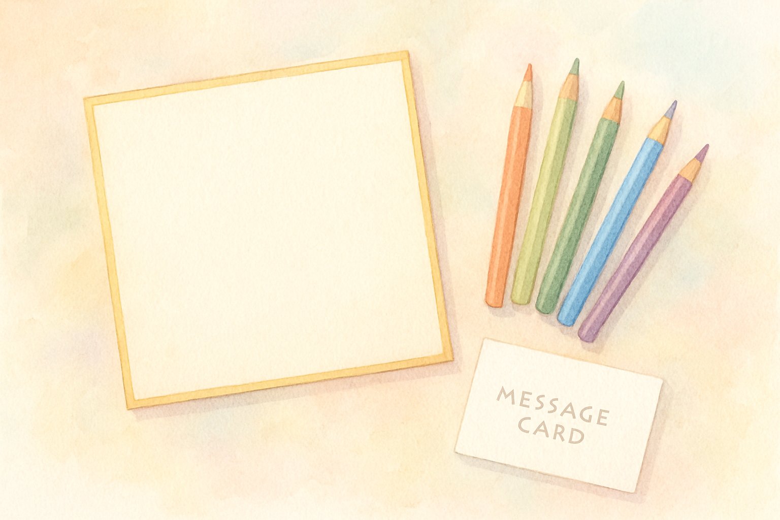 色紙と色鉛筆、寄せ書き用のメッセージカードを俯瞰で並べた淡い水彩イラスト