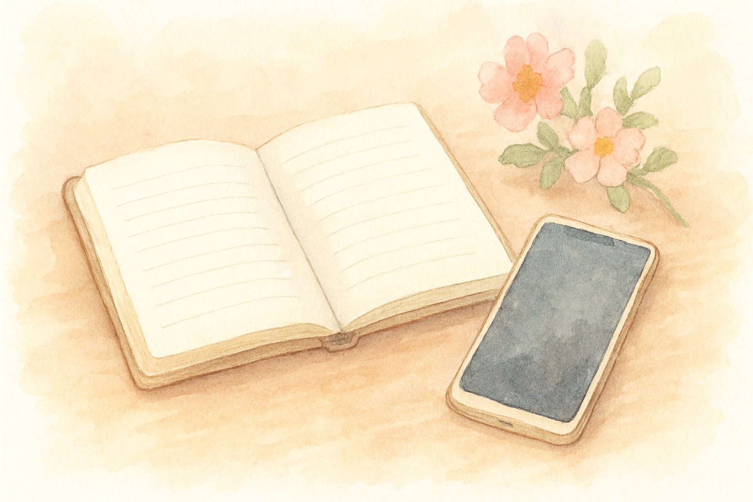 机の上に開いた手帳とスマートフォン、小さな花を添えた記念日の準備風景の水彩イラスト風イメージ