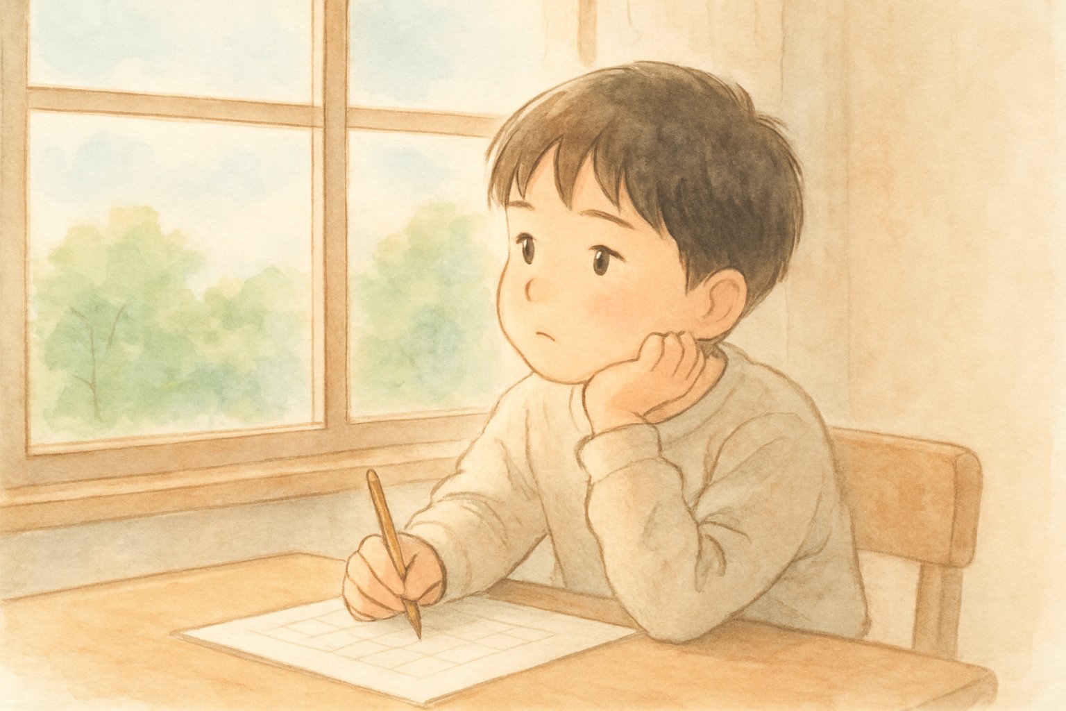 原稿用紙に向かってえんぴつを持ち、窓の外を見ながら考えている小学生のイメージ