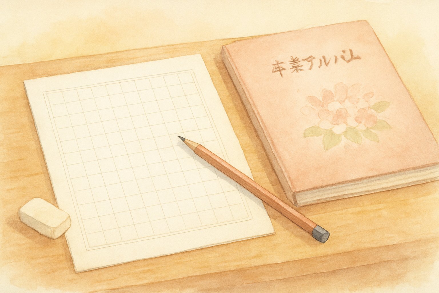 机の上に置かれた原稿用紙とえんぴつ、消しゴム、そばに卒業アルバムがある静かなイメージ