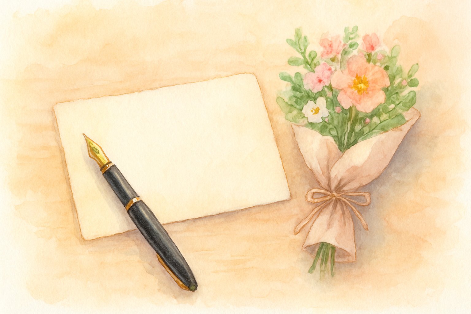 メッセージカードと万年筆、小さな花束を並べた机の上を描いた水彩イラスト風のイメージ