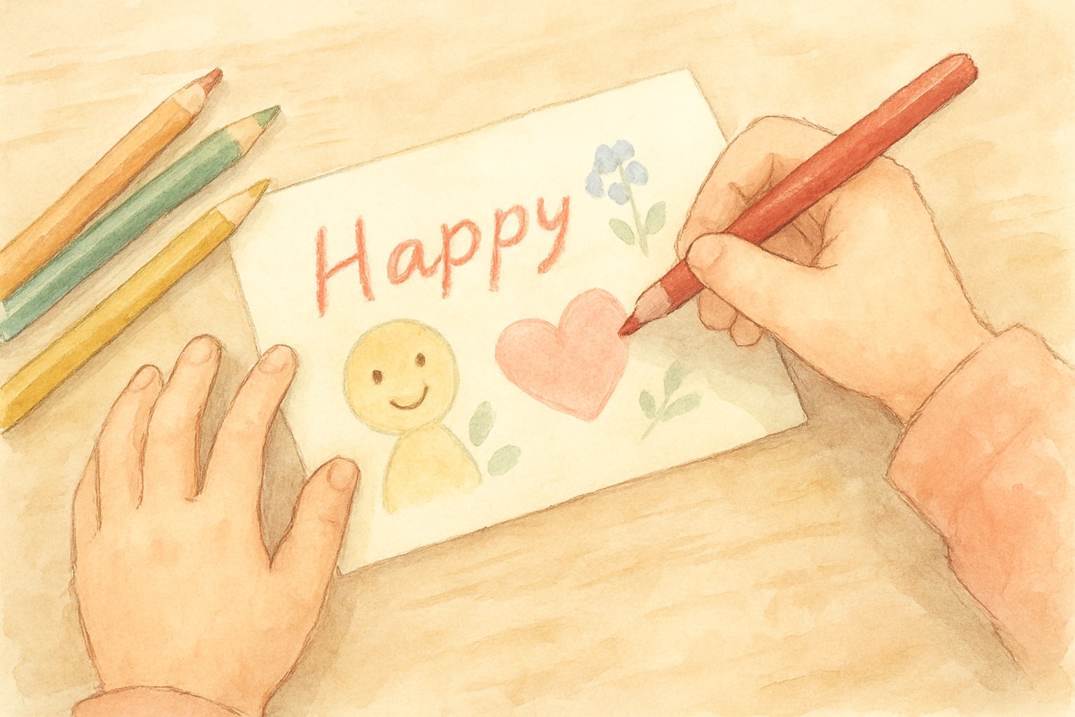 子どもが色鉛筆でメッセージカードを描いている手元を描いた水彩イラスト風のイメージ