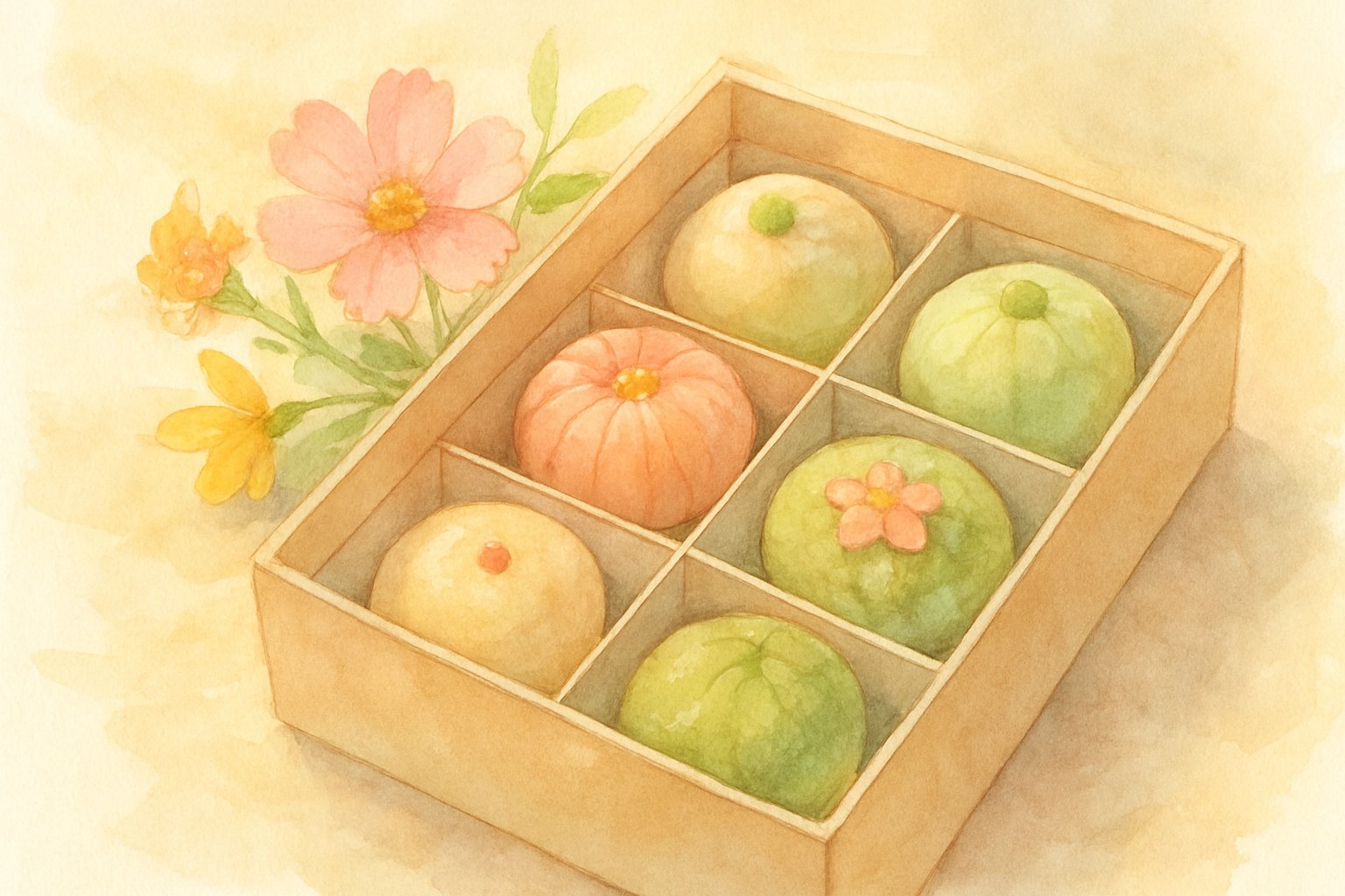 小分けの和菓子と季節の花を添えたギフトボックスを、やわらかい光の中で撮った水彩イラスト風のイメージ