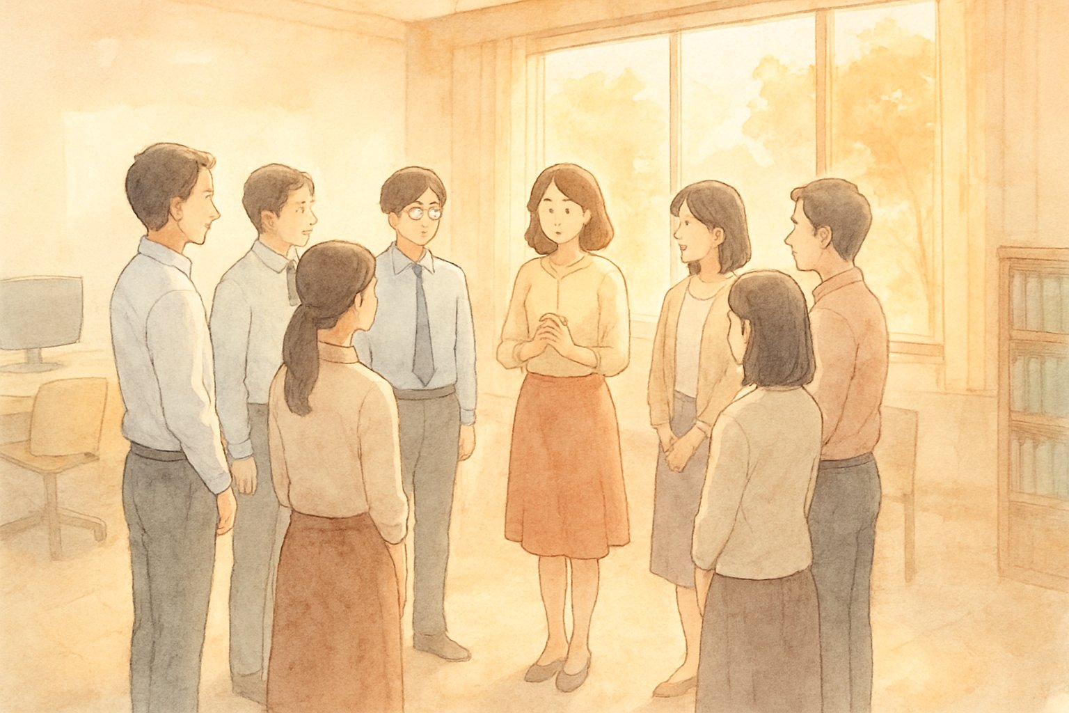 朝のオフィスで社員が輪になって朝礼をしている、秋の柔らかな光が差し込むイメージ