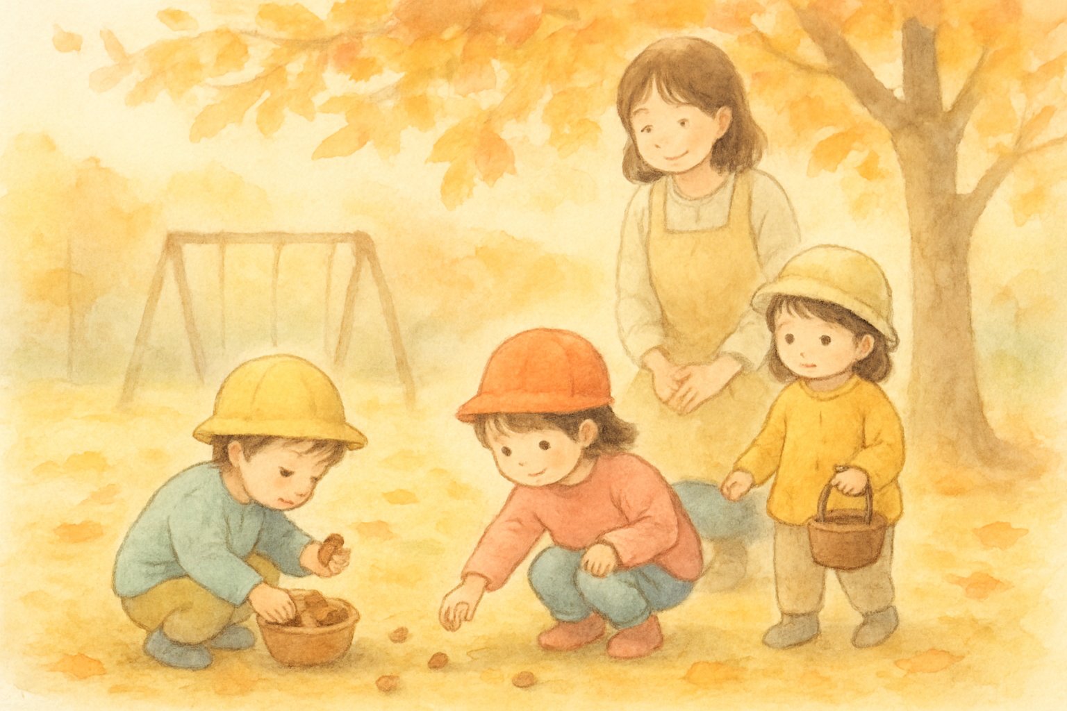 秋の園庭でどんぐりを拾う子どもたちと、それを見守る保育士のイメージ