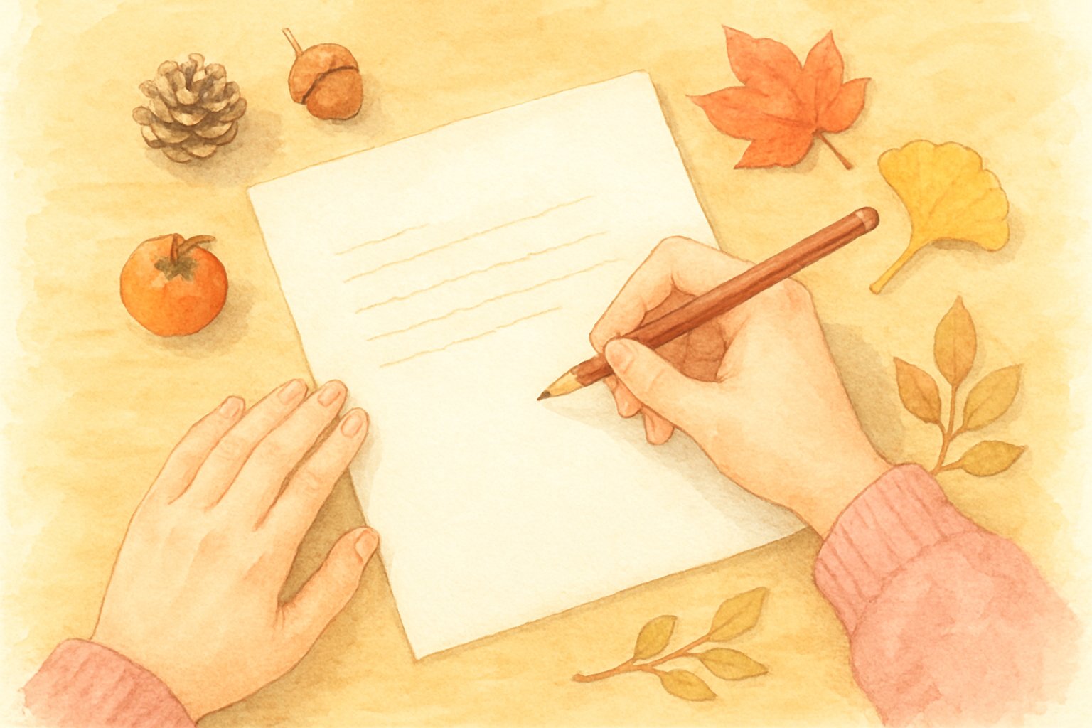 机の上でおたよりを書く保育士の手元、秋の飾りが添えられた温かみのあるイメージ