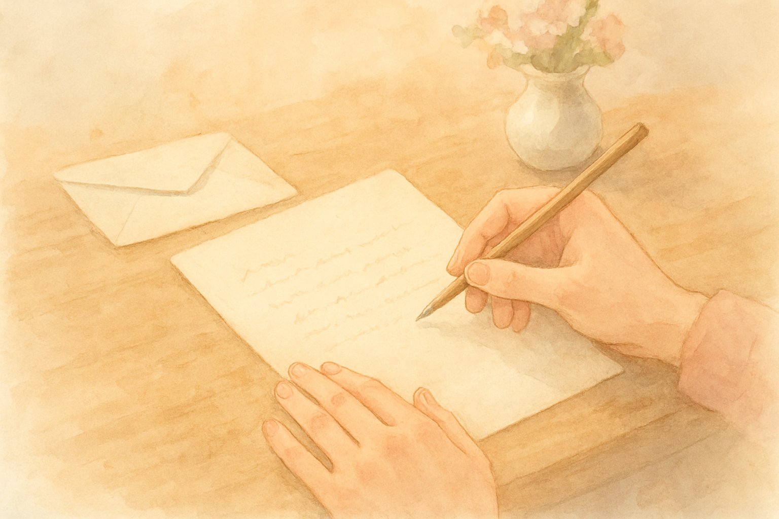 机の上で便箋に挨拶状を書いている手元のイメージ