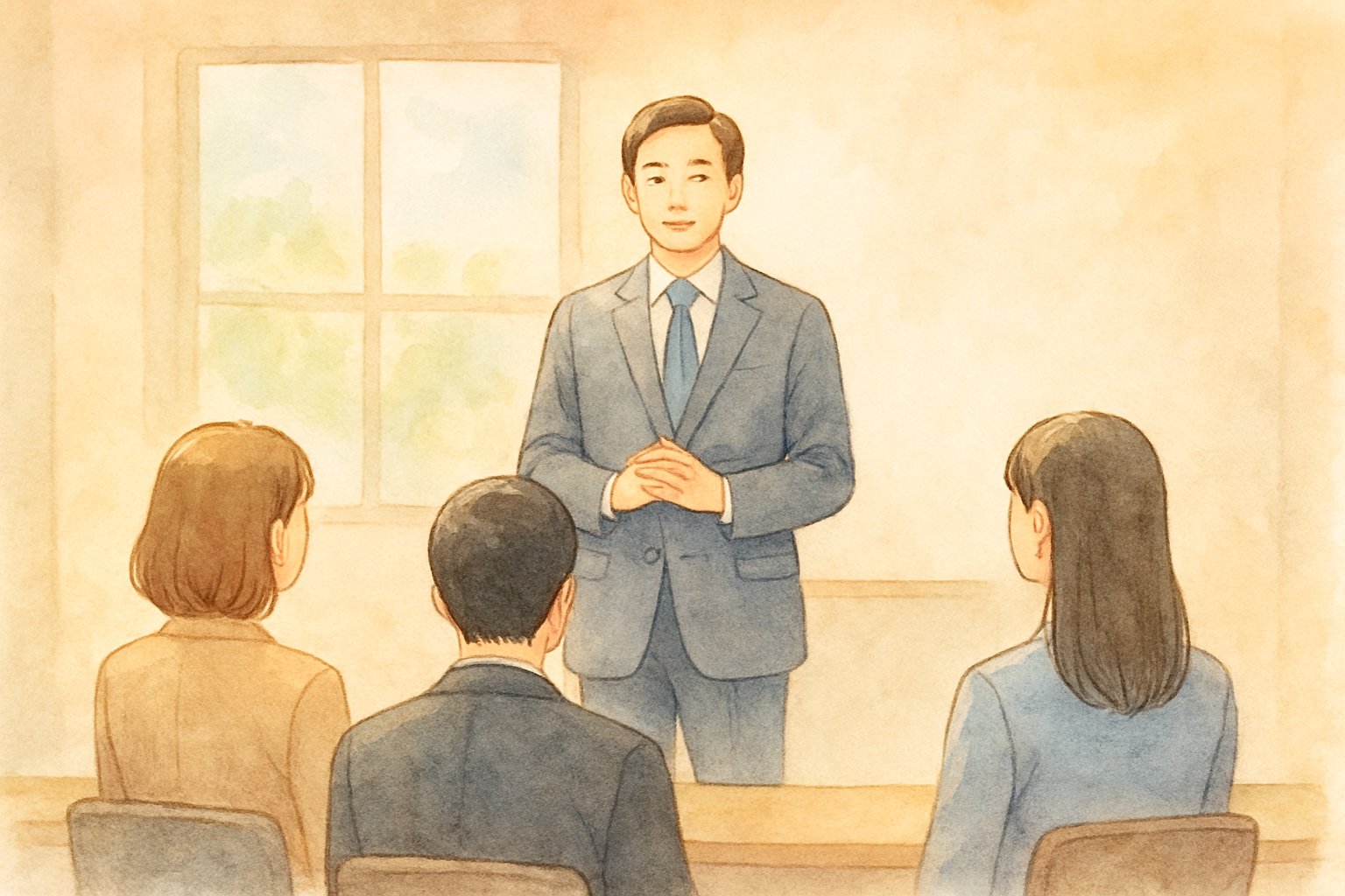 朝礼で社員の前に立って挨拶する人と、それを聞く同僚たちを描いた水彩イラスト風のイメージ