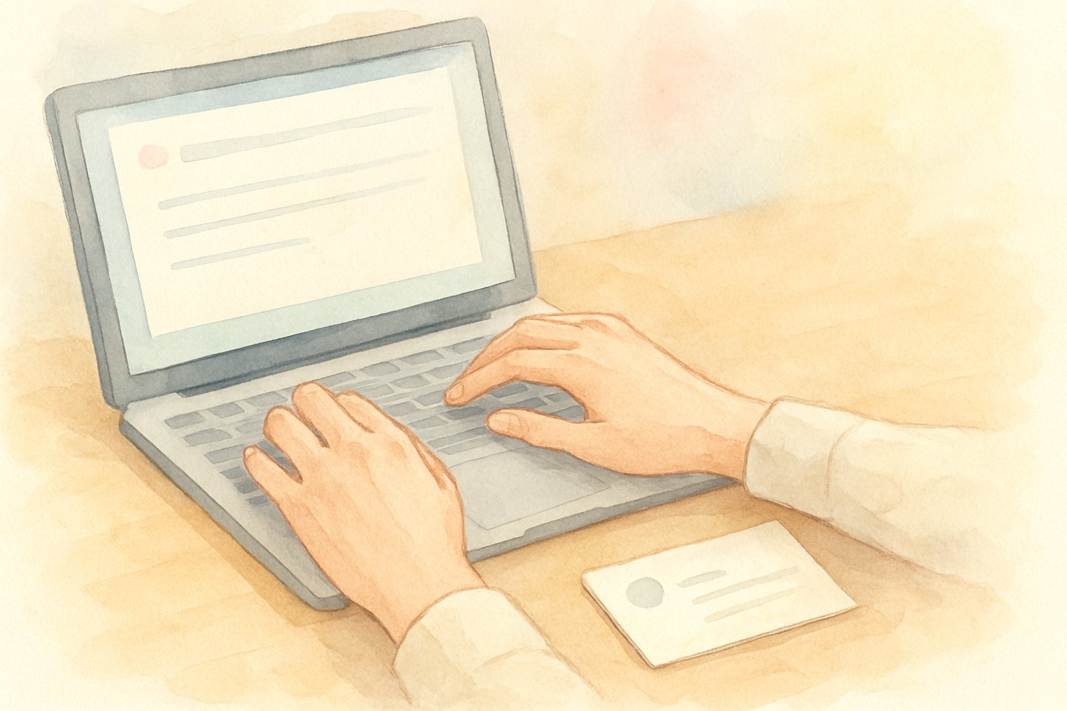 ノートパソコンでメールを書く人の手元と、机に置かれた新しい名刺を描いた水彩イラスト風のイメージ
