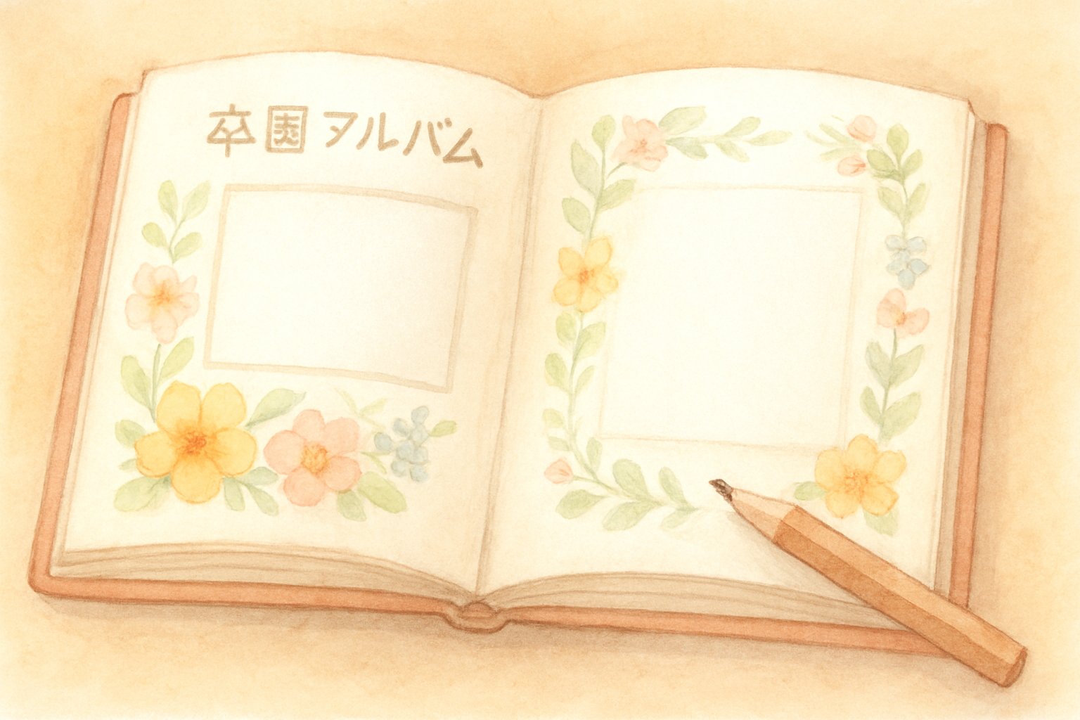 開いた卒園アルバムのページと、鉛筆で下書きされたメッセージ欄を描いた水彩イラスト風のイメージ