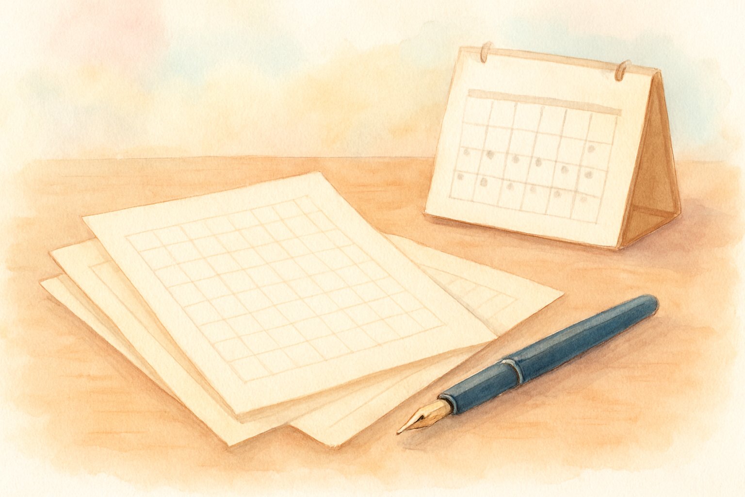 机の上に並べられた原稿用紙とペン、カレンダーを描いた水彩イラスト風のイメージ