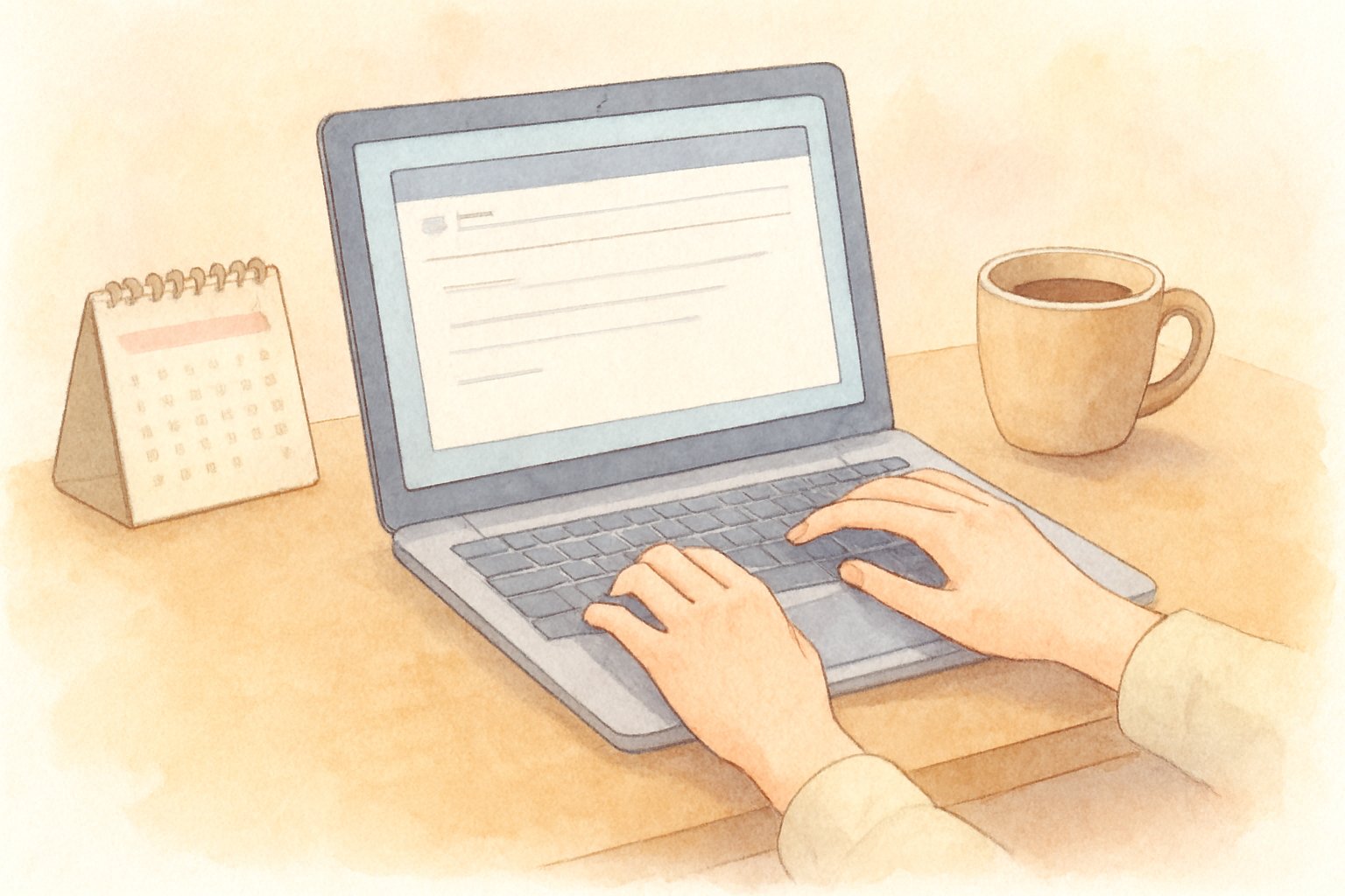 ノートパソコンで案内メールを書く手元と、机の上のカレンダー・コーヒーカップを描いた水彩イラスト風のイメージ